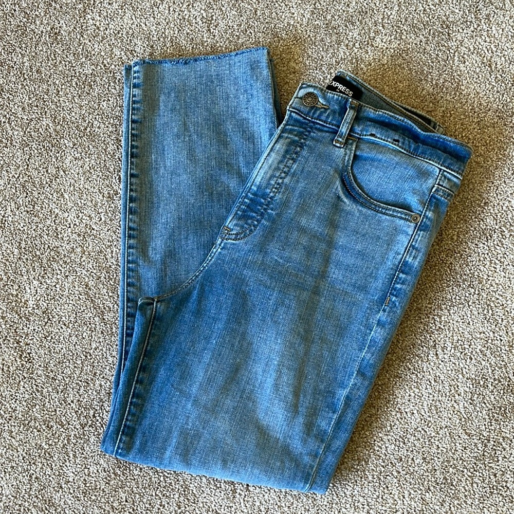 Express Straight Leg Super High Rise Ripped Denim Blue Jeans Sz 6R